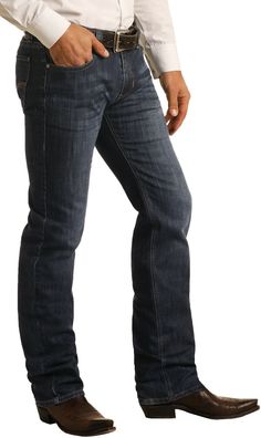 The Rock & Roll Denim Men's Slim Fit Stretch Straight Bootcut Jeans- Dark Wash is a classic western jean. The slim, straight leg gives a sleek western look that can transition from day to night. Men’s Bootcut Jeans, Fitted Denim Jeans, Cargo Jeans Men, Takuache Outfits Guys, Mens Dark Jeans, Rock And Roll Jeans, Cowboy Jeans, Boots Outfit Men, Grooms Men