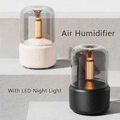 two different types of lamps on display with text reading air humider with led night light