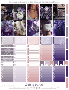 a purple and white color scheme with different items on it, including the words witch mood