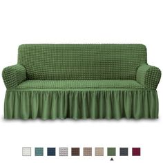 an image of a green couch with ruffles on the skirt and color swatches