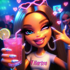 a cartoon girl holding a drink in her right hand and wearing sunglasses on top of her head