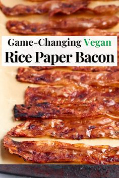 A baking tray lined with parchment paper and covered in rice paper bacon slices. The text reads "game-changing vegan rice paper bacon". Rice Paper Bacon, Vegan Bacon Recipe, Using Rice Paper, Vegan Meat Recipe, Edgy Veg, Grape Nuts, Vegan Rice, Vegan Bacon, Vegan Brunch