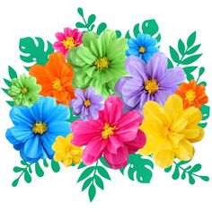 multicolored paper flowers with green leaves on the bottom and one flower in the middle