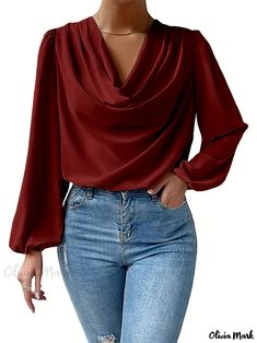 Olivia Mark - Long Sleeve Solid Blouse, Draped Collar Casual Every Day Top For Fall & Spring, Women's Clothing Crepe Styles For Ladies, Crepe Styles, Belly Top, Draped Collar, Stylish Tops For Women, Fall Care, Spring Women, Clean Style, Casual Blouse