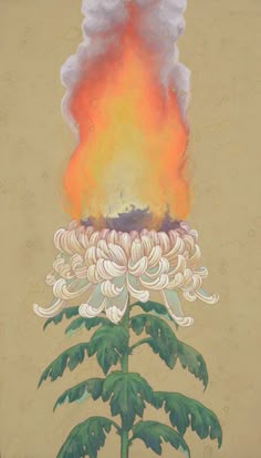 a painting of a flower with flames coming out of it