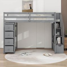 a loft bed with drawers underneath it and a book shelf under the top, in front of a white wall