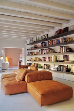 a living room filled with lots of furniture and bookshelves on the wall above