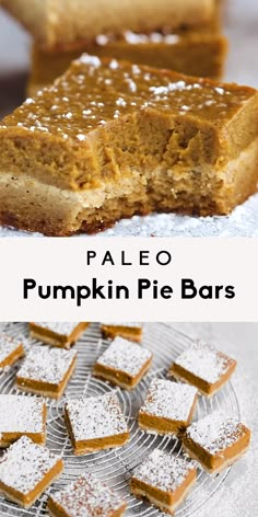 paleo pumpkin pie bars with powdered sugar on top and the same dessert in front