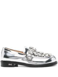 silver-tone calf leather smooth grain laminated finish crystal embellishment slip-on style stacked heel appliqu�é logo to the side moc stitching almond toe branded leather insole leather sole Silver Metallic Shoes, Tone Calves, Metallic Shoes, Chanel 2, Iconic Bags, Demi Fine Jewelry, Boots Fall, Flat Boots, Crystal Embellishment