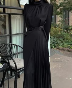 Black Dress Elegant Modest, Black And White Spot Dress, Elegant Dresses Classy Modest Black, Long Autumn Dress, Long Black Dress With Long Sleeves, Long Black Dress Modest, Elegant Black Dress Long Sleeve, Black Slim Dress Long, Female Black Outfit