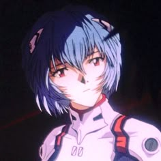 an anime character with blue hair wearing a white shirt and red suspenders, standing in the dark