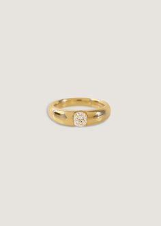 a yellow gold ring with a single diamond in the center, on a white background