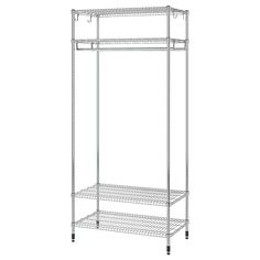 a chrome steel shelving unit with two shelves on each side and one shelf below