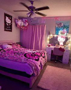 a bedroom decorated in pink and purple with hello kitty decorations on the walls, bedding, dressers, and ceiling fan