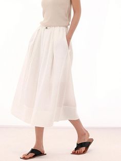 Composition : POLYESTER 60 LINEN 25 RAYON 15 / POLYESTER 100Color : WHITE_S,WHITE_MCountry of Origin : KOREA Summer Daywear Bottoms With Pleated Hem, Summer Pleated Hem Bottoms For Daywear, Casual White Pleated Waist Bottoms, Summer Bottoms With Pleated Hem For Daywear, Casual White Bottoms With Pleated Waist, White Midi Length Bottoms With Elastic Waistband, White Midi Bottoms With Elastic Waistband, Summer Pleated Long Skirt, Summer Long Pleated Skirt For Daywear