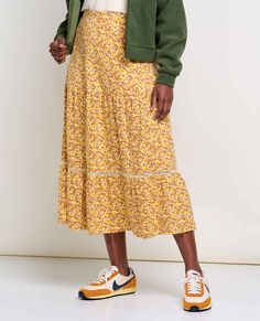 Skirt Lengths, Yellow Midi Skirt, Teacher Clothes, Tiered Midi Skirt, Ditsy Print, Midi Length Skirts, Skirt Design, Sustainable Materials, Sweater And Shorts