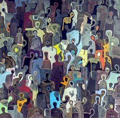 an abstract painting with many different shapes and sizes on the subject, including people's heads