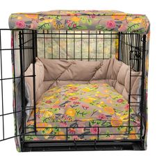 a dog bed that is in a cage