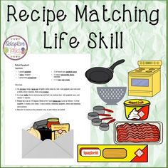 a recipe matching life skill poster with pictures of cooking utensils and other items