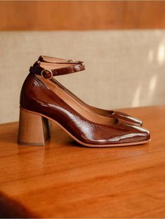 Lucia Ganache - High heel Mary Jane pumps with straps in brown patent leather - Bobbies - Women Pumps With Straps, Mary Jane High Heels, Stunning Shoes, Mary Jane Pumps, Ankle Strap Pumps, Strap Pumps, Mary Jane Heels, Dream Shoes, Court Shoes