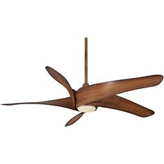 a ceiling fan that is brown and has two wooden blades on the top of it