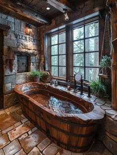 Wabi Sabi Bathroom, Wood Bathtub, Wooden Bathtub, Rustic Bathroom Designs, Wood Furniture Design, Jacuzzi Tub, Rustic Bathrooms, Small Bathroom Design, Rustic Bathroom