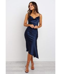 in stock Navy Blue Silk Dress, Navy Blue Satin Dress, Navy Satin Dress, Navy Dress Outfits, Silk Dresses Outfit, Gaun Koktail, Blue Satin Dress, Blue Silk Dress, Backless Prom Dresses