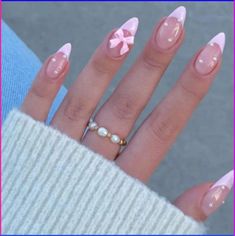 White And Pastel Pink Nails, Pink Sparkle Nails Design, Almond Shape French Tip Design, Cute B Day Nails, Beaded Nails Designs, Light Pink And Black Nails Design, Acrylic Bow Nails, Pink Vintage Nails, Bow And Pearl Nails