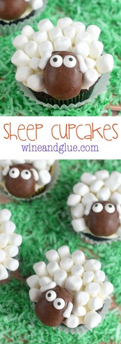 sheep cupcakes with marshmallow eyes and chocolate frosting on green grass