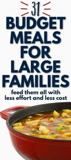 a red pot filled with food and the words 31 budget meals for large families feed them all with less effort and less cost