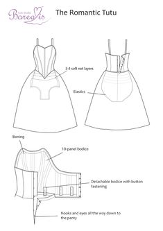 the front and back view of a dress with instructions for making it into a bustle