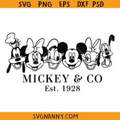 mickey mouse and friends logo with the name mickey & co est 1932 in black and white