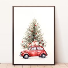 a red car with presents on top is parked in front of a christmas tree