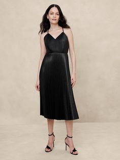 Vegan Leather Pleated Midi Dress | Banana Republic Factory Sleeveless Leather Dress For Date Night, Summer Sleeveless Faux Leather Dresses, Summer Evening Faux Leather Dress, Winter Work, Guest Attire, Wedding Attire Guest, Work Style, Wedding Cocktails, Banana Republic Factory