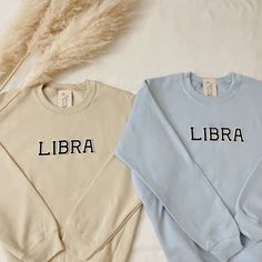 This cute Libra Sweatshirt is perfect for cozy winter days or something to just lounge around the house! This is also perfect to give to your loved ones as a gift! They come in brown, beige, and other colors. - These letters are iron-on patched and is heat pressed. - All our sweatshirts run a UNISEX fit. They are naturally oversized, but if you like a more baggy look, we recommend sizing up. - Super soft and comfy! ♡ - Please note that crewneck brand used may vary depending on what our supplier Cozy Blue Top With Letter Print, Cotton Crew Neck Sweater For Birthday, Casual Blue Sweatshirt For Gift, Blue Casual Sweatshirt For Gift, Blue Casual Sweatshirt As Gift, Libra Birthday, Pisces Birthday, Scorpio Birthday, Brown Sweatshirt