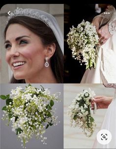 the bride is holding her bouquet and smiling