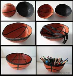 several pictures of basketballs in a basket with markers and pencils sticking out of it