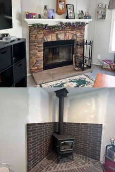 before and after fireplace remodeling in the living room with new wood burning stove