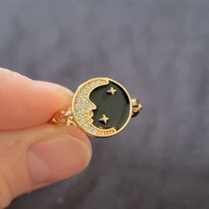 Brand New Adjustable Ring With A Black Enamel Face, Moon And Stars. Size 6, Will Adjust To An 7 1/2. High-Quality 18k Rose Gold Plating, Waterproof, Rustproof. Will Last Forever. 16 Celestial Ring, Vintage Cocktail, Ring Color, Moon And Stars, 925 Silver Rings, Adjustable Ring, Black Enamel, Womens Jewelry Rings, Shop Wallpaper