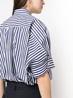 striped-panelled shirt dress from sacai featuring navy blue, milk white, panelled design, multi-way strap design, classic collar and sleeveless. This item is in size 3 and the color is Blue Poplin Shirt Dress, Blue Milk, Cotton Shirt Dress, City Dress, Printed Cotton Dress, Cotton Poplin Shirt, White Shirt Dress, Summer Beach Wear, Strap Design