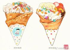 two ice cream cones with different toppings on them