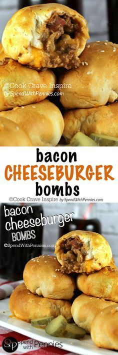 bacon cheeseburger buns stacked on top of each other with text overlay