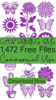 purple flowers and butterflies are featured in this freebied file with the text, gardening sv