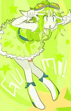 a drawing of a girl with green hair wearing a dress and holding her hand up to her ear