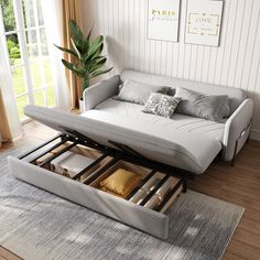 a futon bed with two pull out drawers in the middle and a potted plant next to it