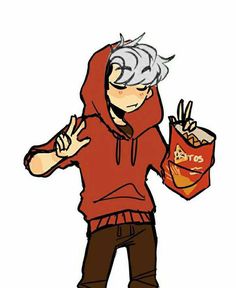 an older man in a red hoodie holding a bag of fries and giving the peace sign