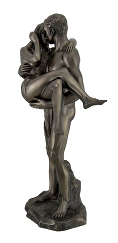 a bronze statue of a man holding a woman's back with both hands on his chest