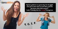 a woman with her hands in the air and an ad for t g f on it