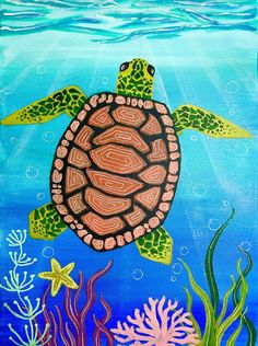 an acrylic painting of a turtle swimming in the ocean with corals and starfish