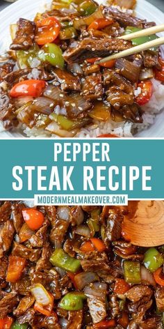 beef steak recipe with peppers and rice on a white plate next to chopsticks